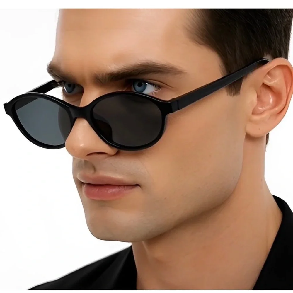 Black Oval Sunglasses Men's Narrow Frame Fashion Eyewear Retro Style Hip Hop New